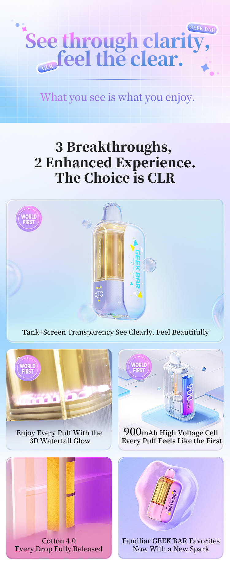 Geek Bar CLR 50K side view showcasing the clear transparent e-liquid tank design